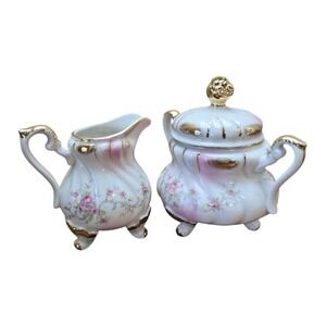 Lefton China Creamer‎ and Sugar Bowl Set Heirloom Rose Pattern
